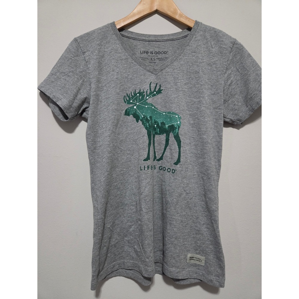 Life is Good Women XS Crusher Tee Gray V-Neck Moose Constellation Forest Graphic
